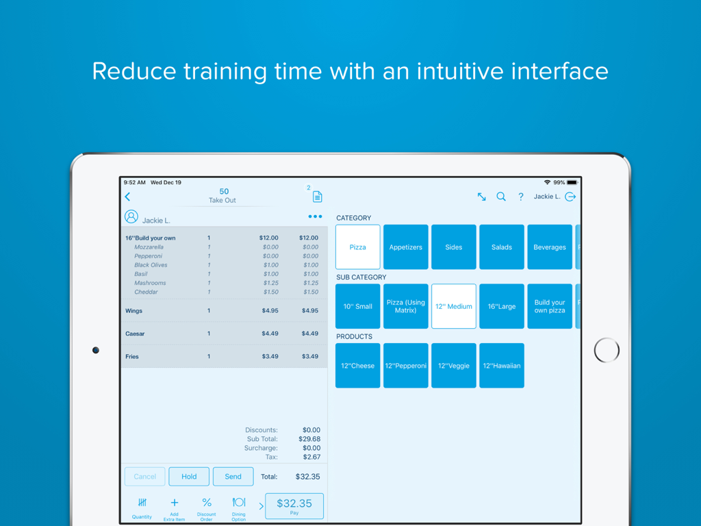 Revel POS iPad interface displaying a restaurant ordering system with category and product buttons