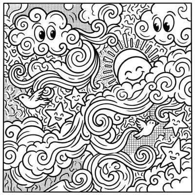 This vibrant Pop Art coloring page invites kids to explore a whimsical sky filled with smiling clouds, sun, and stars. Dive into swirling fog and mist patterns, ready to be brought to life with bold and imaginative colors!