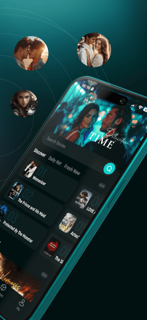 LunaLit-Novel Oasis - Tela de smartphone mostrando a interface do aplicativo LunaLit com um feed de descoberta de romances e livros de fantasia