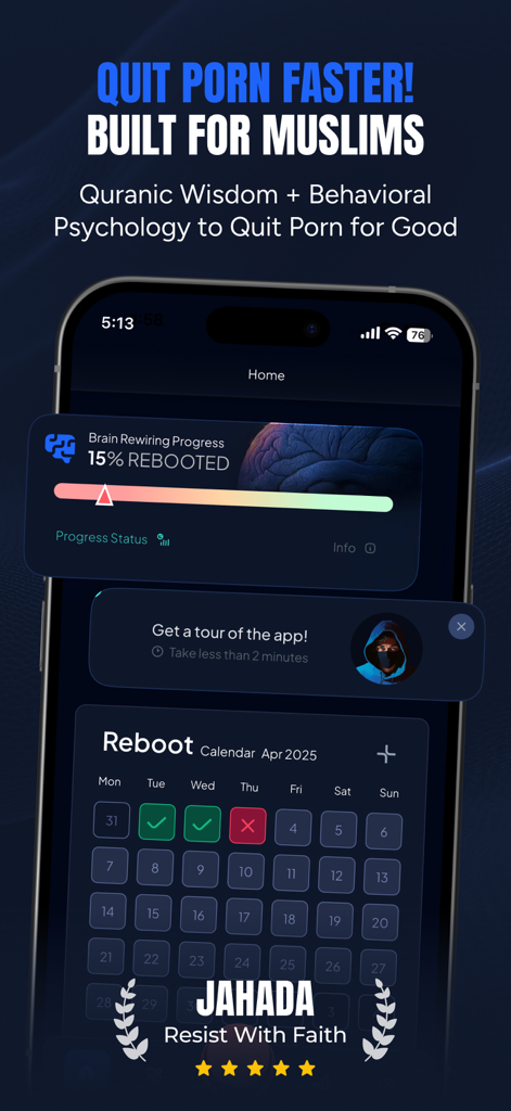 Jahada: Control your Nafs - Una pantalla de teléfono inteligente que muestra el panel de la aplicación Jahada con el progreso de la reconfiguración cerebral y un calendario de reinicio de hábitos.