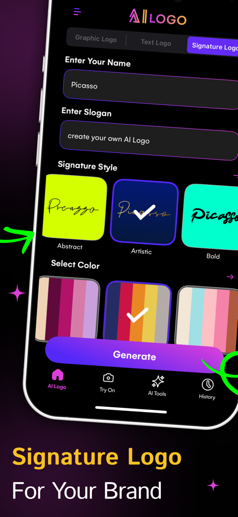 AI Logo Generator & Maker App - Mobile Benutzeroberfläche der KI Logo Generator App, die die Signatur-Logo-Maker-Funktion mit verschiedenen künstlerischen Stilen und Farbauswahloptionen anzeigt