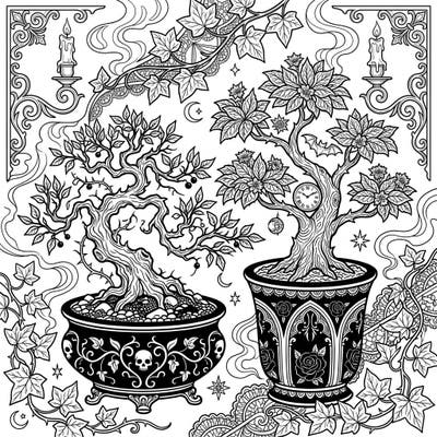 Dive into a world of sophisticated darkness with our Gothic Indoor Bonsai Trees coloring page. This intricate design features meticulously detailed miniature trees within an enchanting, mysterious aesthetic, perfect for advanced colorists.