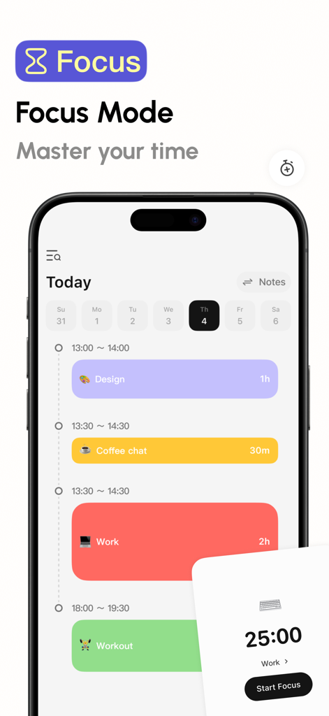Sparky - Planner and Journal - Sparky app interface showing the Focus Mode feature with a daily schedule and focus timer