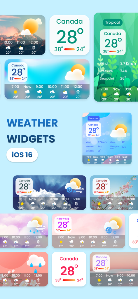 Weather Widget: Live Radar App - A collection of colorful and aesthetic weather widgets for iOS 16 showing various forecast styles and themes.