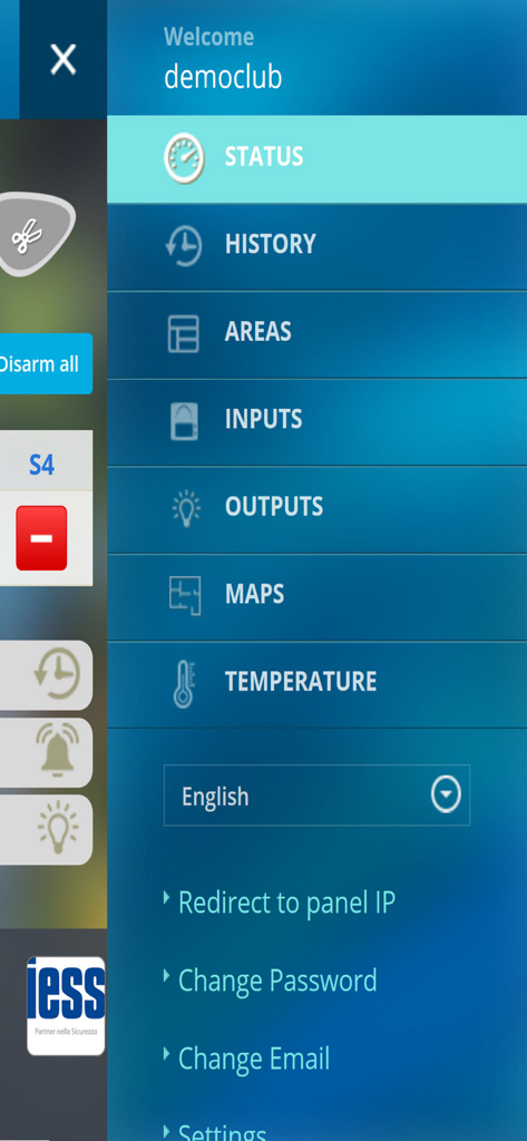Metronet - Menú de navegación principal de la aplicación de seguridad y hogar inteligente Metronet mostrando el estado del sistema y las opciones de control