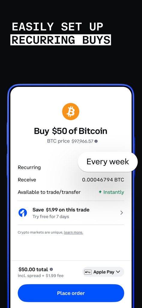 Coinbase: Buy BTC, ETH, SOL - Pantalla de la aplicación móvil Coinbase que muestra la configuración de una compra recurrente semanal de bitcoin