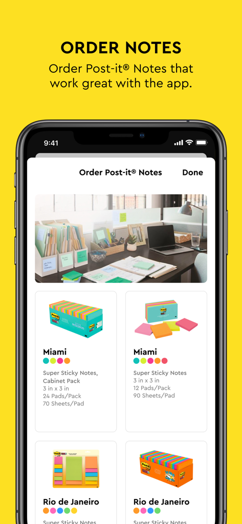 Post-it® - Screenshot dell'app Post-it che mostra il negozio in-app per ordinare note adesive fisiche come le collezioni di Miami e Rio de Janeiro