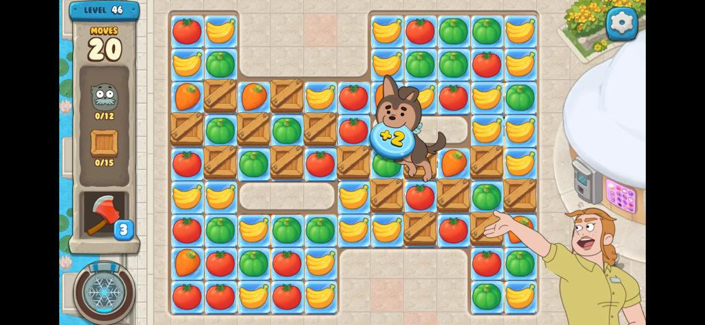 We Bare Bears Match3 Repairs - Pantalla de juego de We Bare Bears Match3 Repairs que muestra una cuadrícula de acertijos con temática de frutas con personajes y objetivos.