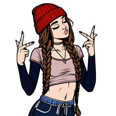 realistic teenage girl with braids and a beanie and crop top doing 🫶🏼