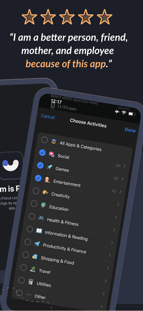 Interfaz de la aplicación Focus Lock que muestra categorías como redes sociales y juegos seleccionadas para bloquear, con un testimonio de cinco estrellas