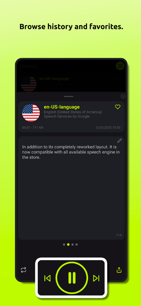 Interfaccia dell'app Voce Donna Traduttore che visualizza la cronologia e i preferiti dell'audio convertito da testo a voce