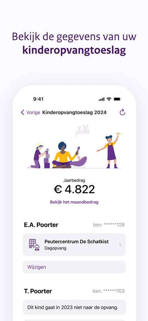 Toeslagen - Toeslagen app interface showing childcare allowance details and yearly amount for 2024