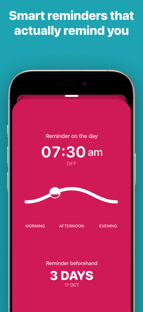 Schermata delle impostazioni dei promemoria intelligenti nell'app Actions To Do List che mostra un'interfaccia estetica rosa.