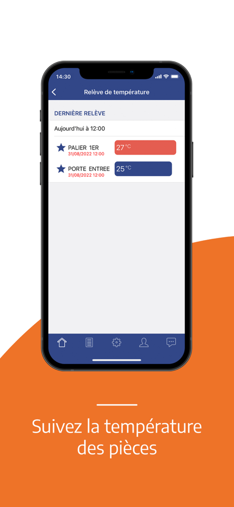 Interface de l'application mobile Homiris affichant les relevés de température des pièces en temps réel pour la sécurité domestique.