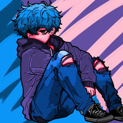 a male hoddie ripped jeans messy hair anime