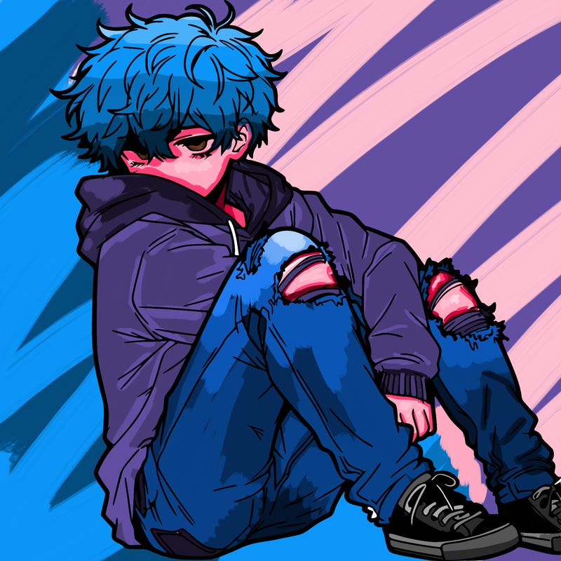 a male hoddie ripped jeans messy hair anime