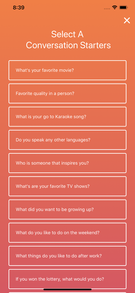 Un elenco di domande rompighiaccio sull'app Modamily per aiutare i potenziali co-genitori ad avviare una conversazione.