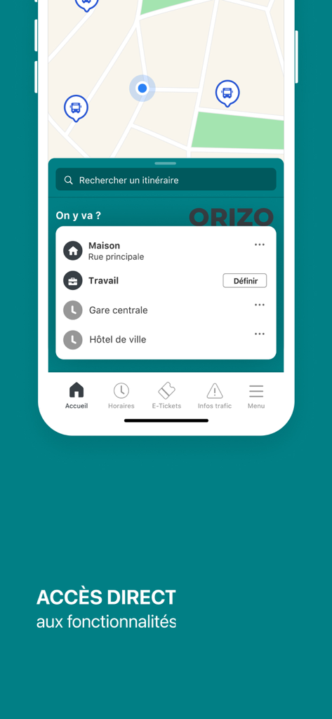 ORIZO - Home screen of the ORIZO transit app showing a map and destination shortcuts