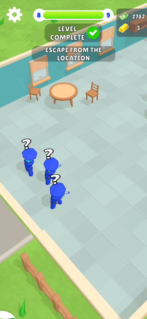 Level complete screen in Murder Cleaner showing the objective to escape from the location past police officers