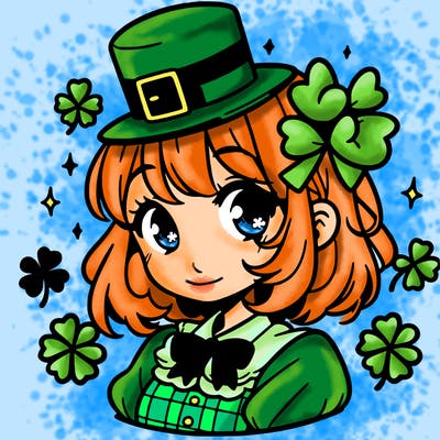 a manga-style girl with clovers around her, a little hat in her hair, like it's saint patrick's day