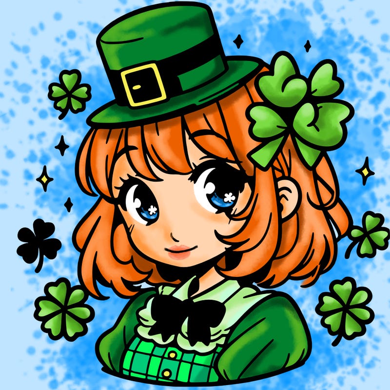 a manga-style girl with clovers around her, a little hat in her hair, like it's saint patrick's day