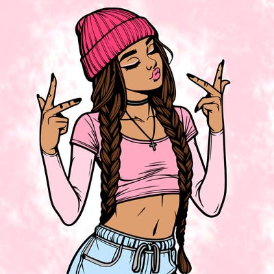 realistic teenage girl with braids and a beanie and crop top doing 🫶🏼