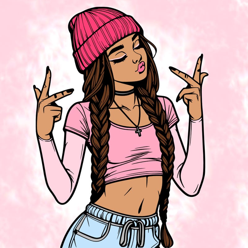realistic teenage girl with braids and a beanie and crop top doing 🫶🏼
