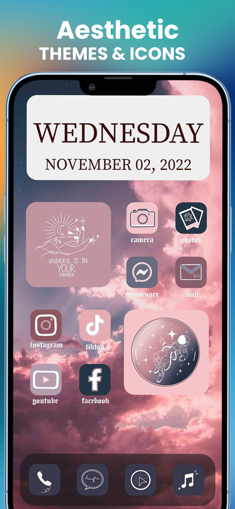 Icon Themer: Widget & Icons - Tela do iPhone mostrando um tema estético de nuvem rosa com ícones e widgets personalizados