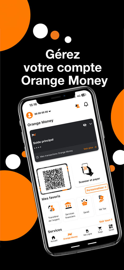 Orange Max it – Mali - Screenshot of the Orange Money account management screen in the Orange Max it Mali app showing QR code and financial services.
