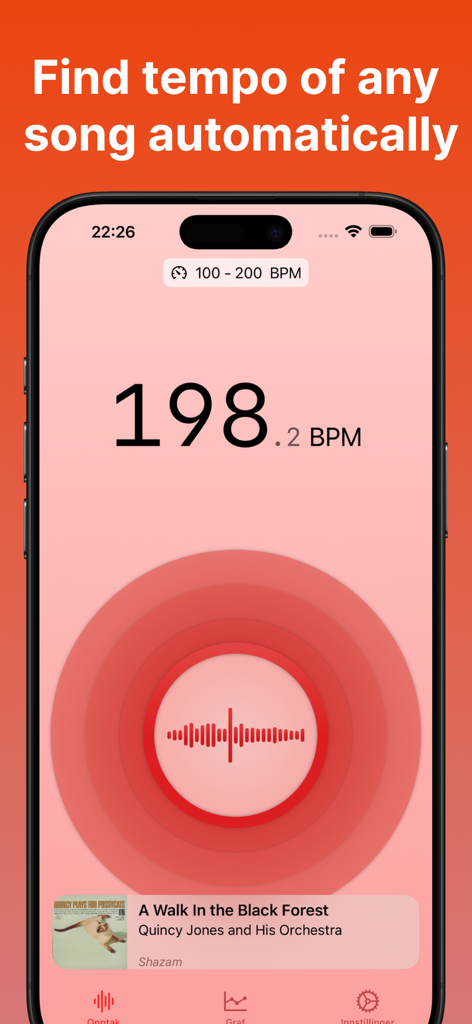 Auto BPMアプリインターフェースは、波形ビジュアライザーとともにリアルタイムの音楽テンポ198.2 BPMを表示しています。