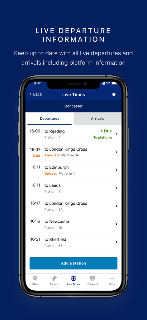 Hull Trains - Hull Trains app interface showing live departure times and platform info for Doncaster station.