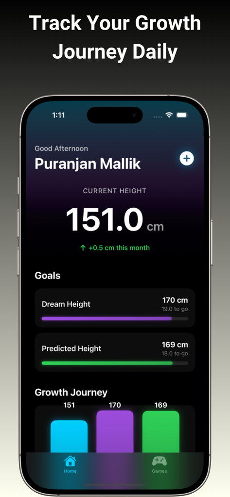GenTallアプリのインターフェース。現在の身長、目標身長、予測された成長進捗バーを含む身長トラッキング統計を表示。