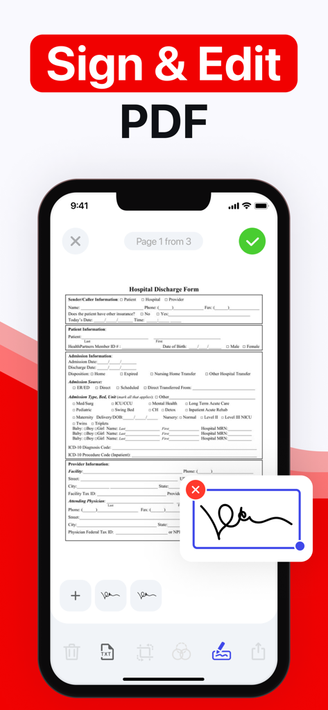 PDF Scanner aрp - A smartphone screen displaying a digital signature being applied to a hospital discharge PDF document within the Scanner App Pro interface