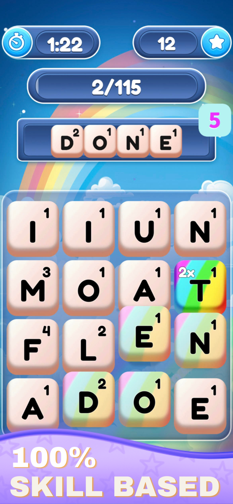 Gameplay screen of Word Cash puzzle showing a letter grid and skill based competition text