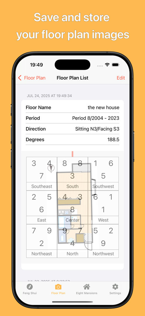 Mobile app screen displaying a stored floor plan with a Flying Star Feng Shui energy grid overlay
