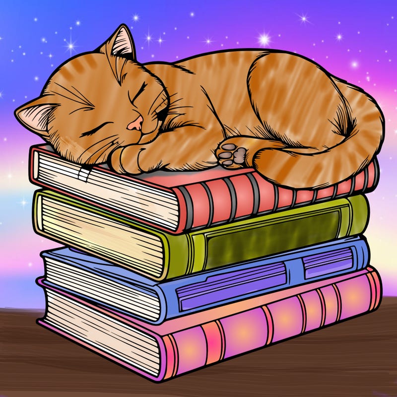 realistic cat sleeping on its side on top of a stack of books