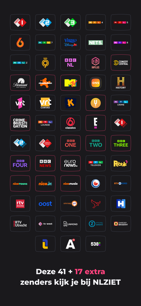 NLZIET | Online tv-kijken - A grid display of various Dutch and international TV channel logos available on the NLZIET app.
