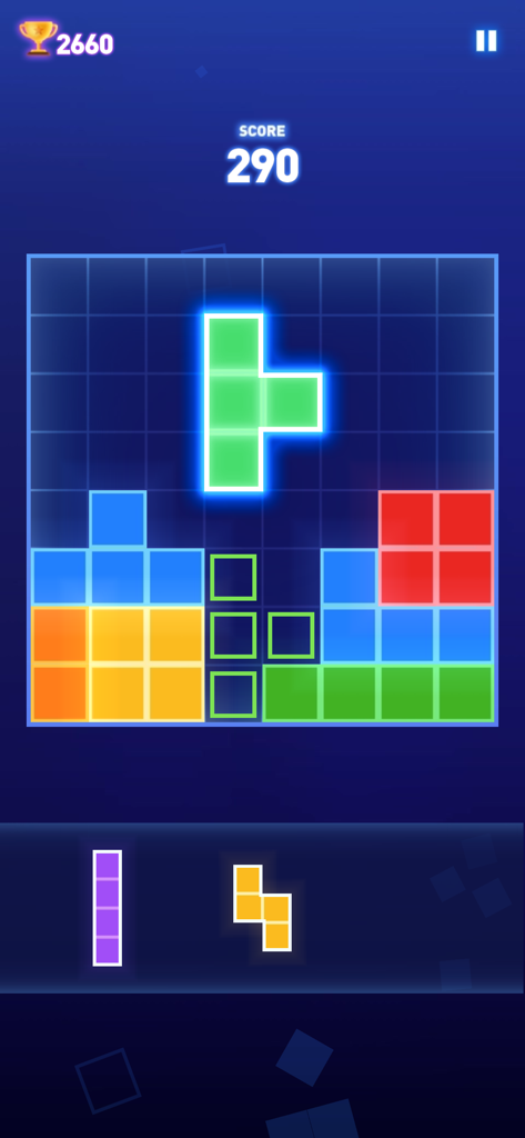Block Puzzle - Brain Test Game - Gameplay screen of Block Puzzle Brain Test Game showing glowing neon blocks on a blue grid