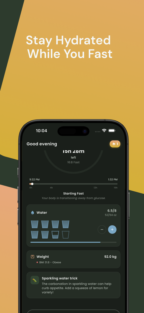 Nomu - Intermittent Fasting - El panel de la aplicación Nomu en un iPhone que muestra un rastreador de ingesta de agua y un temporizador de progreso de ayuno.