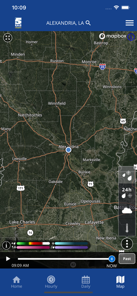 High-resolution weather radar map of Alexandria Louisiana in the KALB WX mobile app.