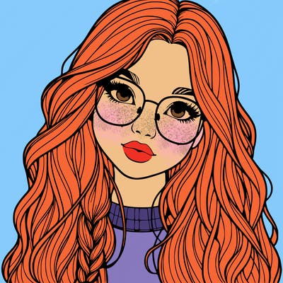 girl with long hair and freckles and glasses realistic