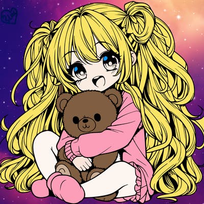 manga girl, long curly hair, happy, cuddling a teddy bear