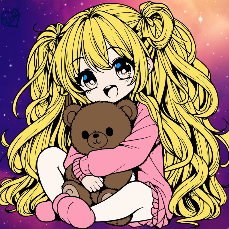 manga girl, long curly hair, happy, cuddling a teddy bear