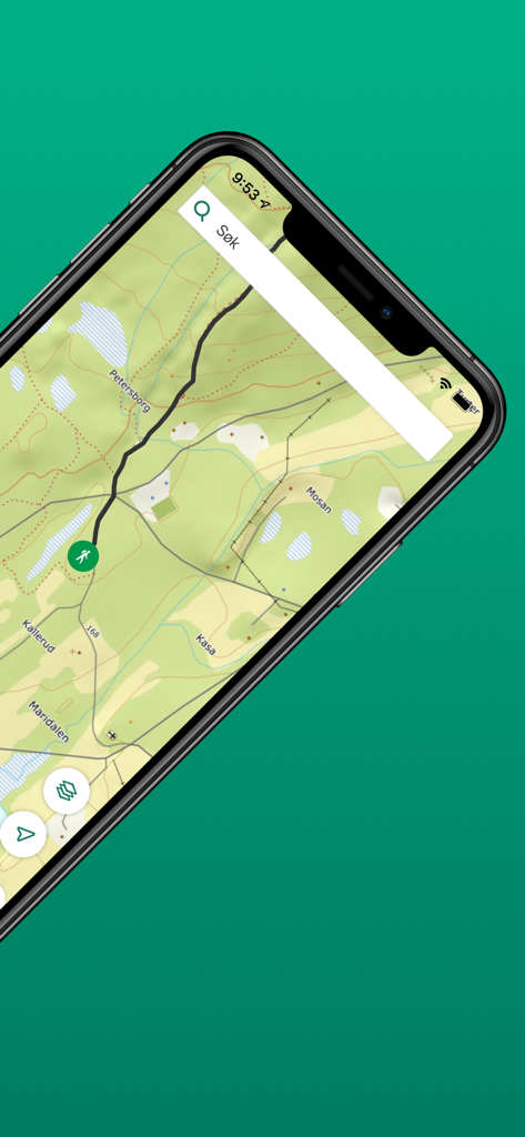 UT.no app interface showing a detailed topographic map with hiking trails in Norway