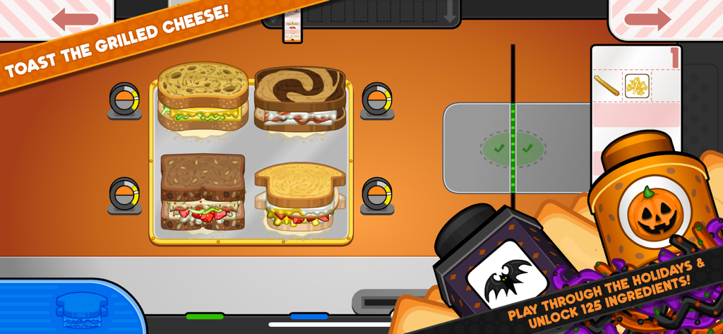Screenshot di gameplay di Papa's Cheeseria To Go che mostra quattro sandwich grigliati che tostano su una piastra con decorazioni natalizie.