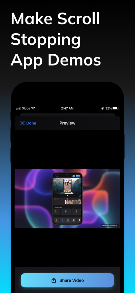 Screenfully app interface showing a preview of a polished mobile app demo with a colorful background and share button.