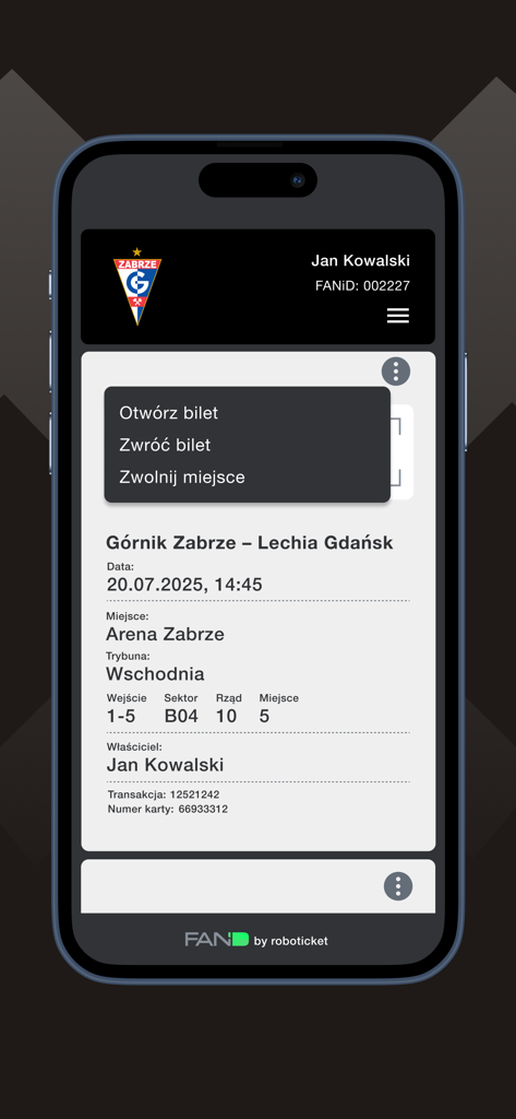 Exibição de ingresso de futebol digital no aplicativo Gornik Zabrze com informações do jogo e de assento