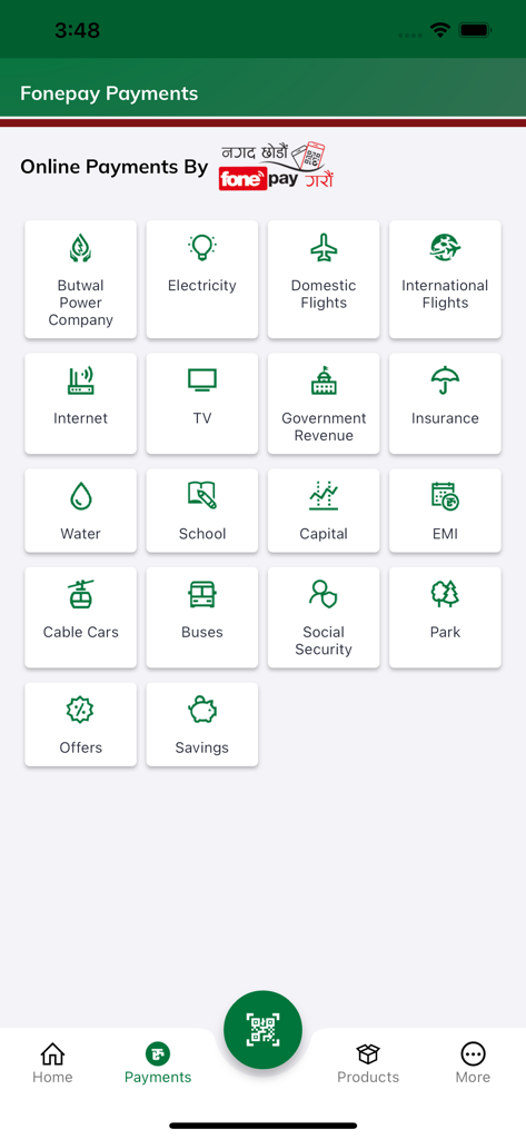 ADBL Smart Plus app showing Fonepay payments screen with various utility and service icons for bill payments