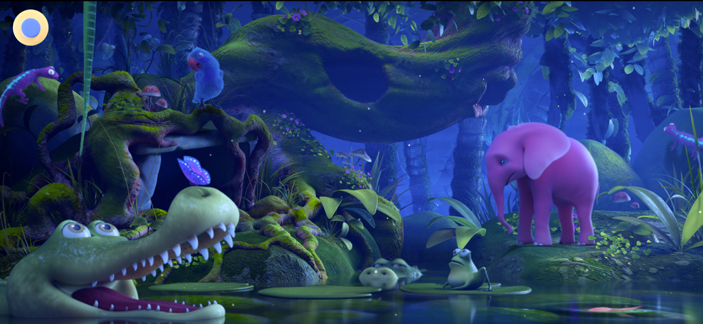 Dinkytoon Interactive Stories - Elefantito rosa explorando un estanque mágico en la jungla con un cocodrilo y otros amigos animales
