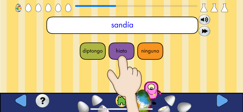 ユーザーが 'sandia' という単語のハイアトゥスを識別するインタラクティブなスペイン語スペルレッスン